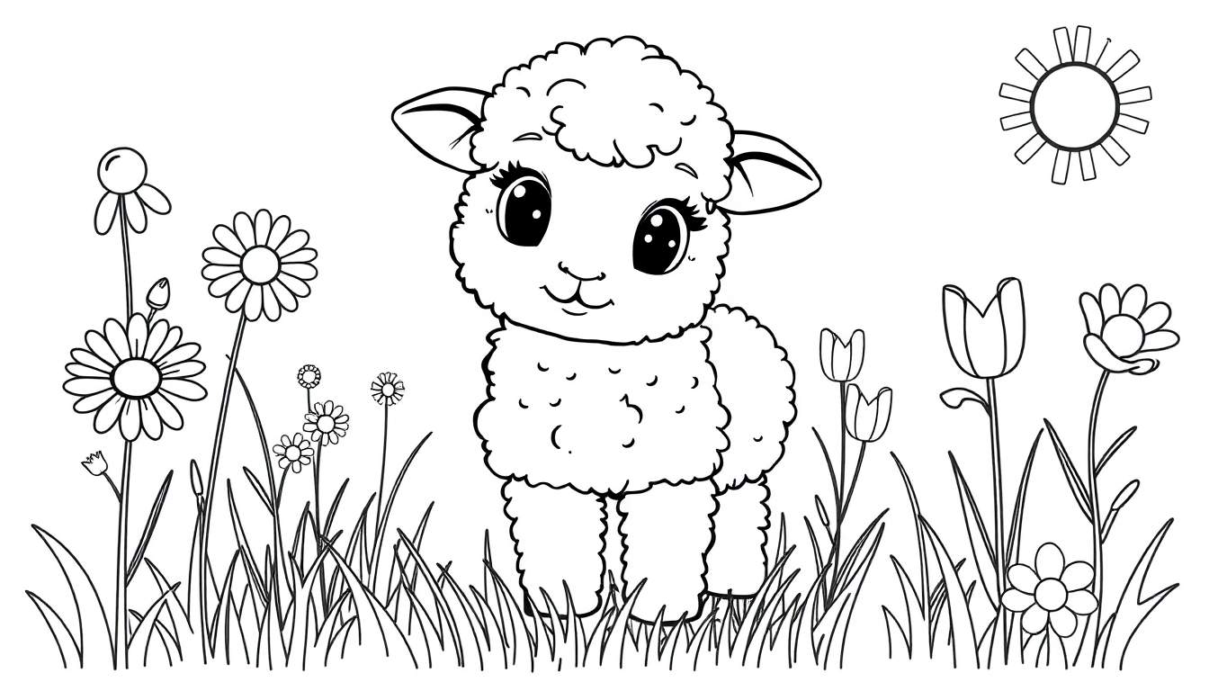 Una placa de color de un corderito adorable en un campo de flores.