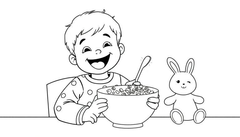 Placa de color de un niño sonriente comiendo cereal con su conejito de peluche.