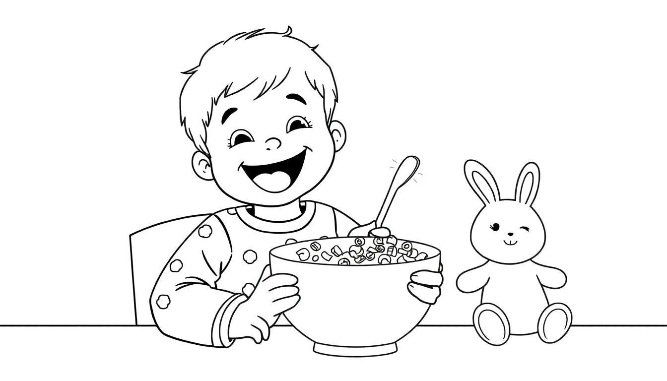 Placa de color de un niño sonriente comiendo cereal con su conejito de peluche.