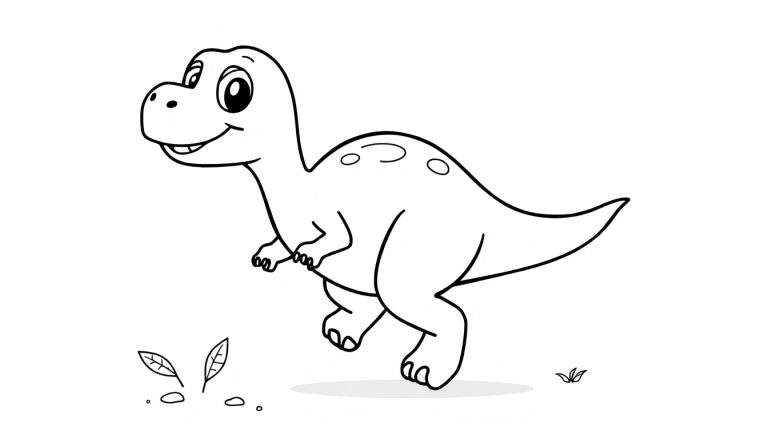 Un dinosaurio de dibujos animados adorable listo para colorear, con un contorno blanco y negro, como una placa de color.