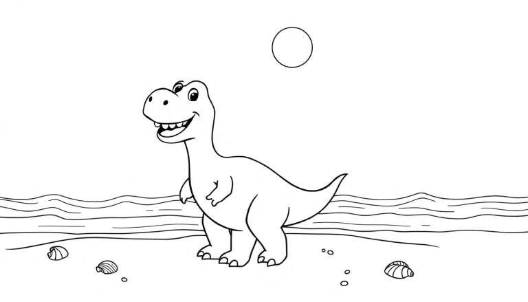 Placa de color de un dinosaurio de dibujos animados sonriente en la playa bajo el sol.