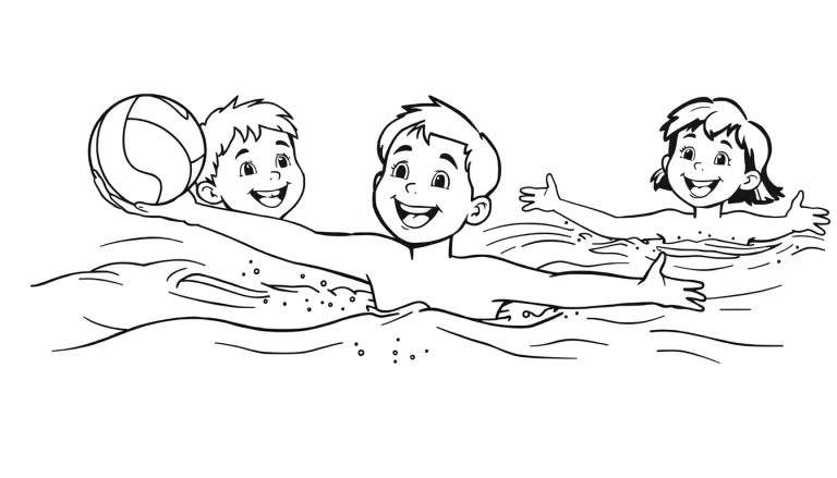 Una placa de color en blanco y negro con tres niños sonriendo mientras nadan.