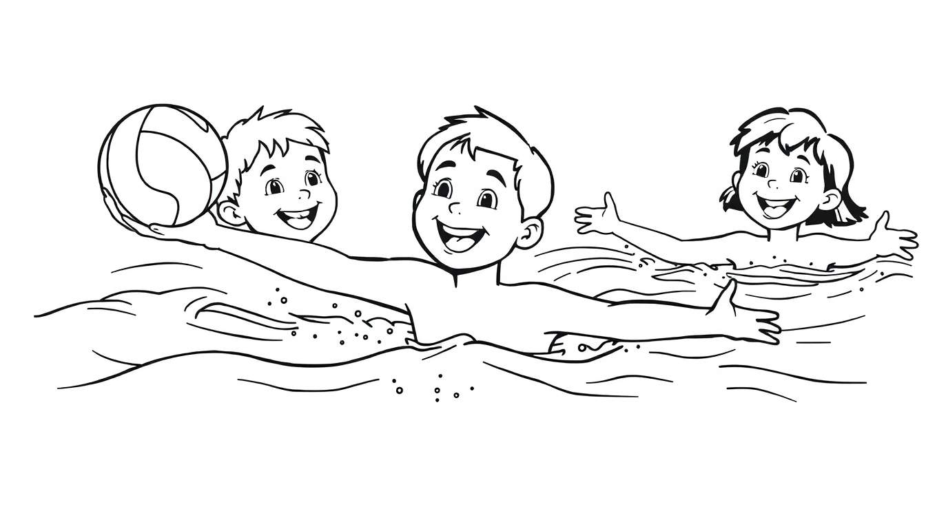 Una placa de color en blanco y negro con tres niños sonriendo mientras nadan.