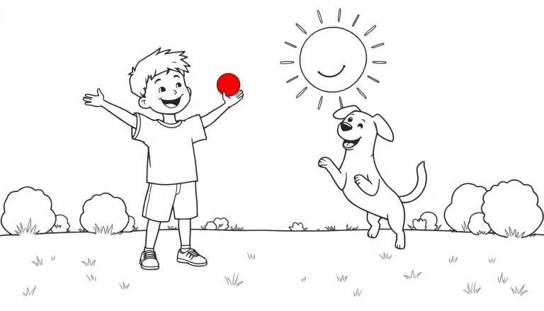 Placa de color: niño feliz lanzando una pelota a su perro en un día soleado en el parque.