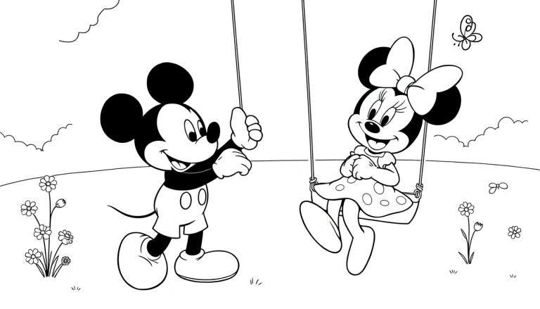 Placa de color de Mickey Mouse empujando a Minnie Mouse en un columpio en un parque soleado.