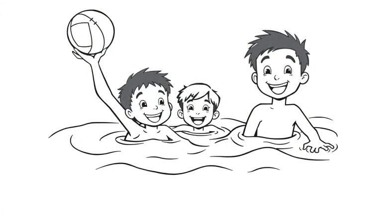 Placa de color: Niños sonriendo y jugando con una pelota en el agua.
