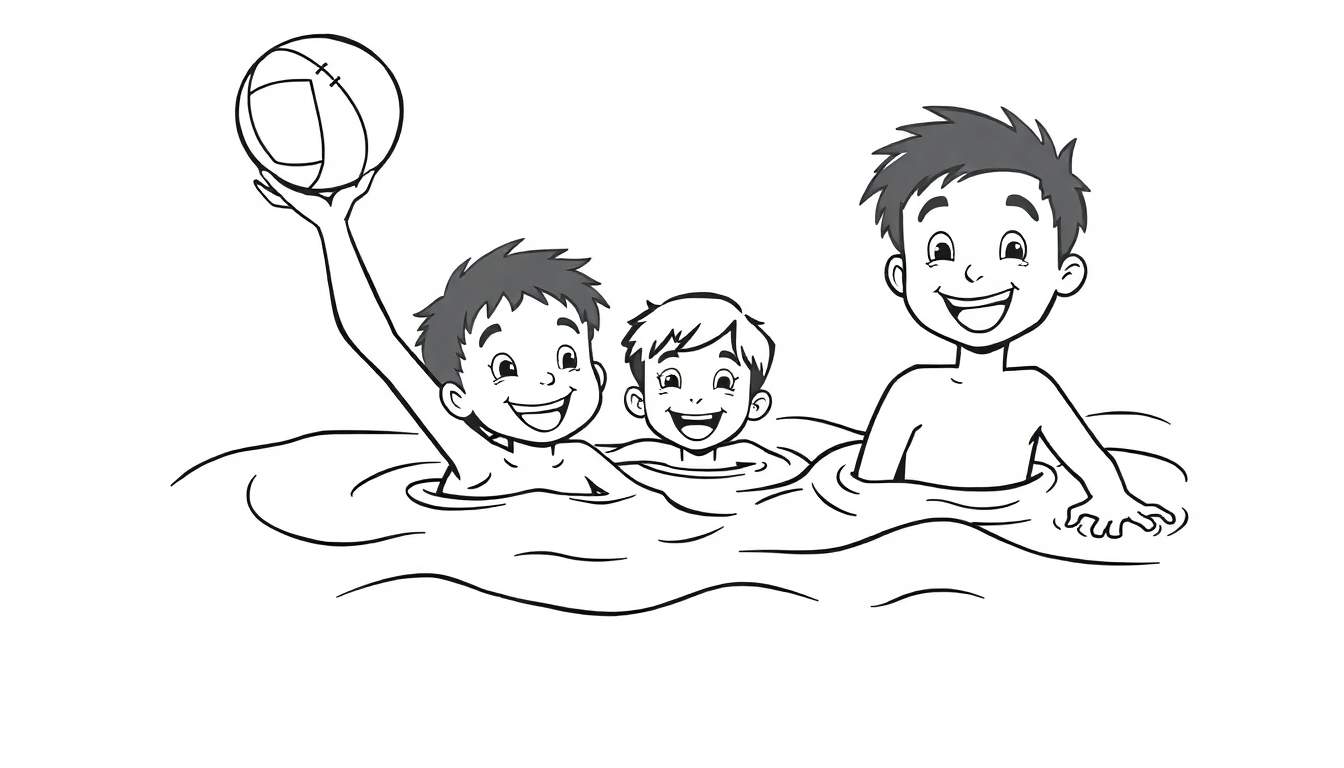 Placa de color: Niños sonriendo y jugando con una pelota en el agua.