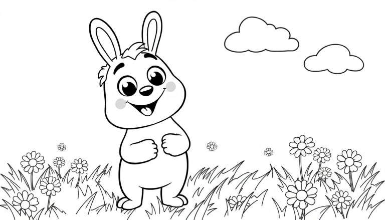 Placa de color: conejo de dibujos animados sonriente de pie sobre hierba y flores, listo para colorear.