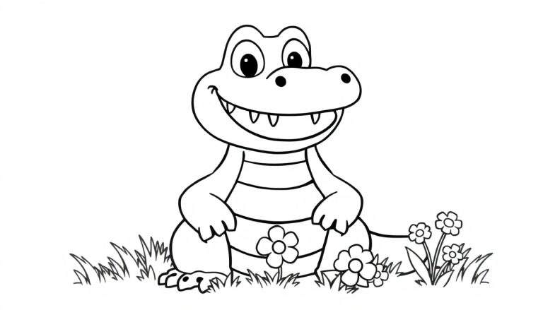 Placa de color: cocodrilo amigable y sonriente sentado en hierba con flores.