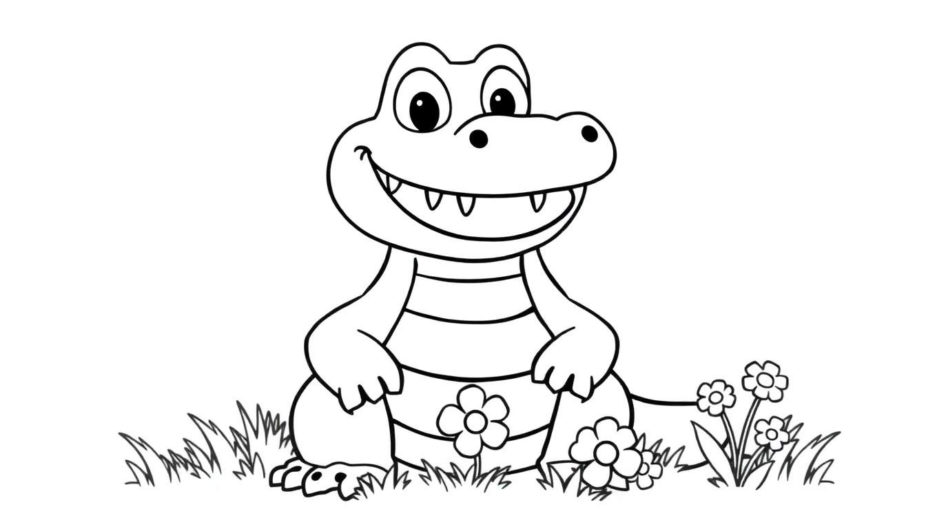 Placa de color: cocodrilo amigable y sonriente sentado en hierba con flores.
