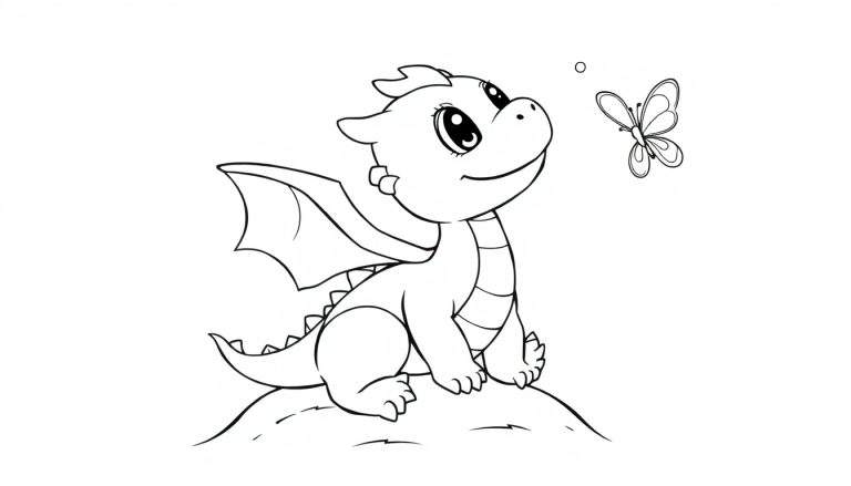 Placa de color de un dragón bebé amigable sentado sobre una colina, mirando a una mariposa.
