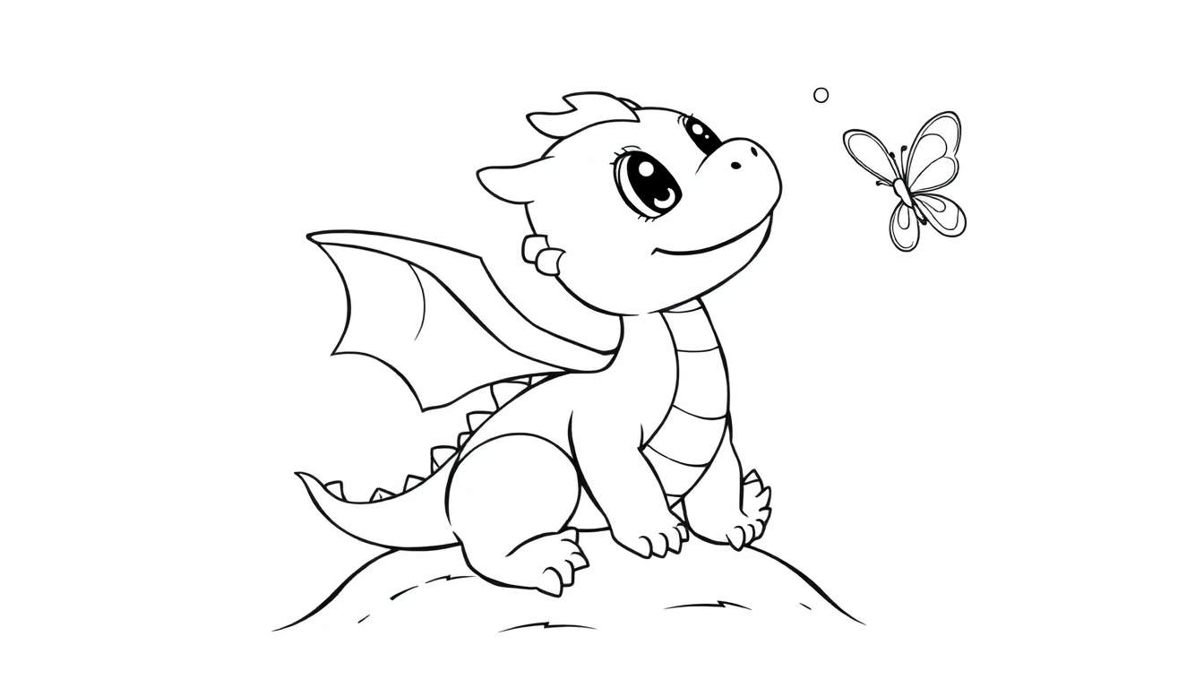 Placa de color de un dragón bebé amigable sentado sobre una colina, mirando a una mariposa.