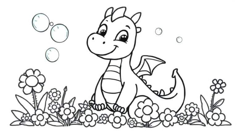 Una placa de color en blanco y negro de un dragón de dibujos animados sonriendo y soplando burbujas.