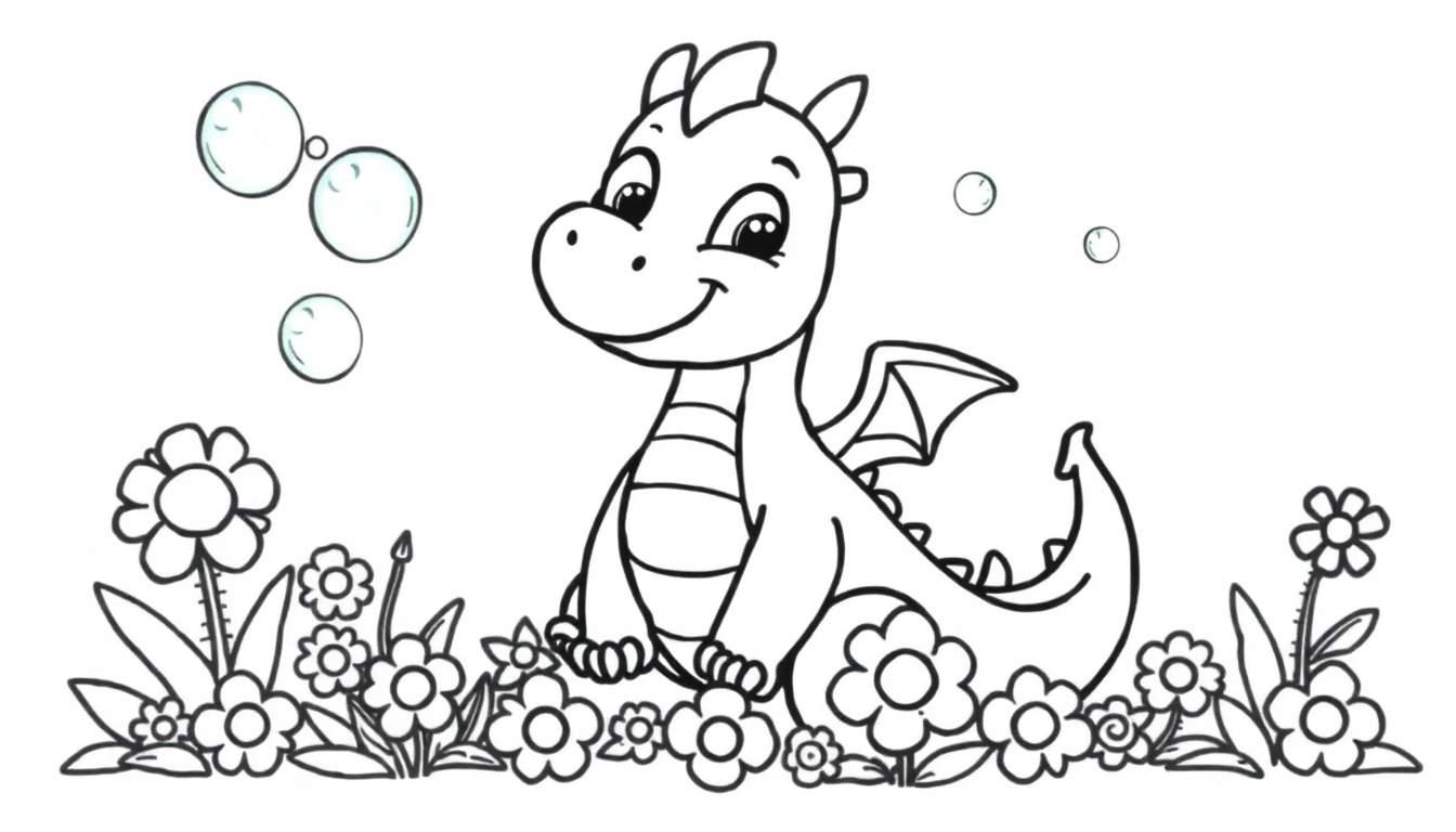 Una placa de color en blanco y negro de un dragón de dibujos animados sonriendo y soplando burbujas.
