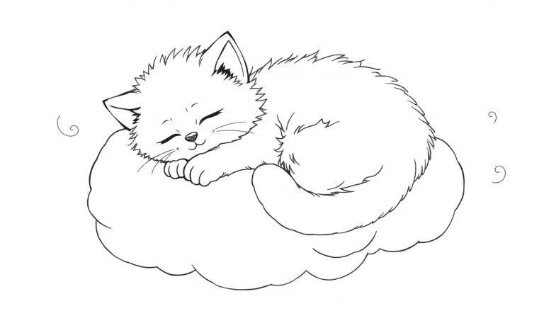 Placa de color de un gatito tierno durmiendo en una nube.