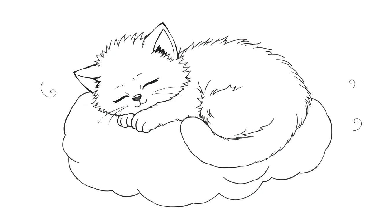 Placa de color de un gatito tierno durmiendo en una nube.