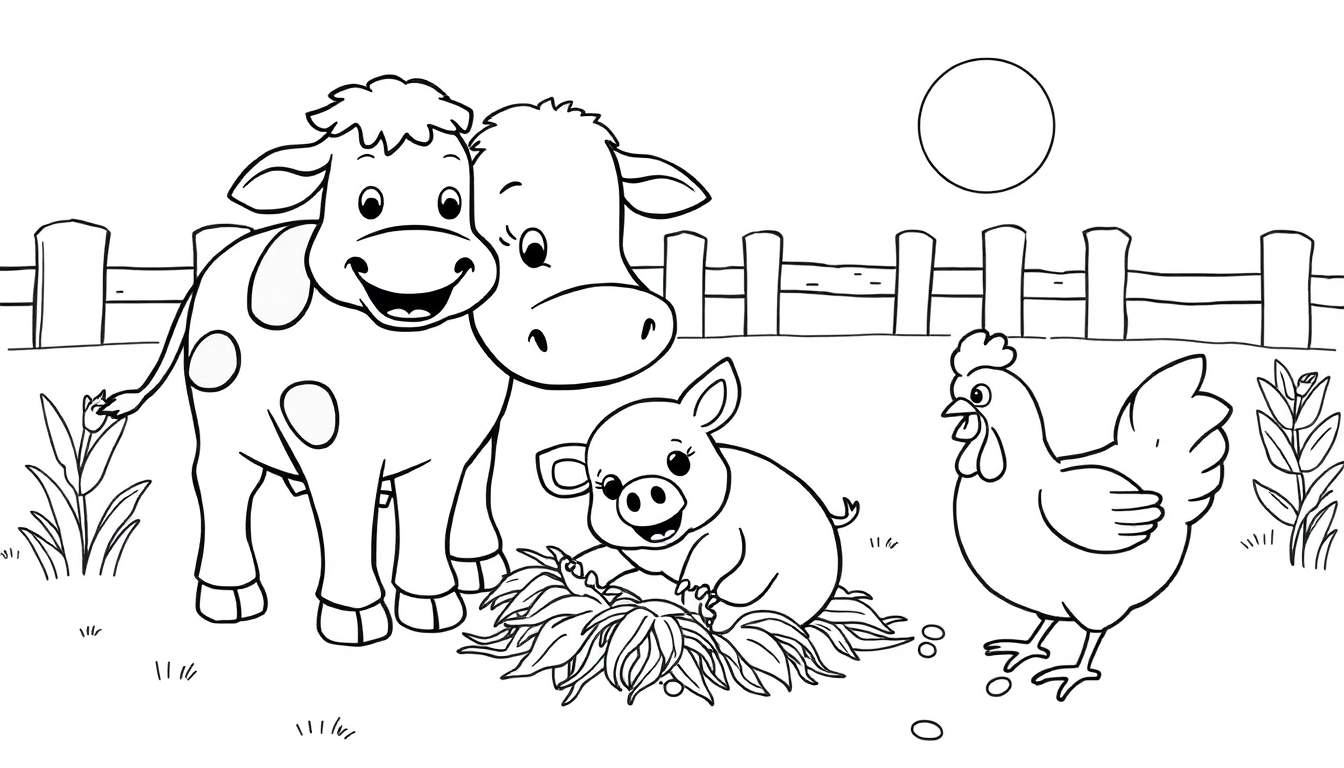 Placa de color para colorear: una vaca con manchas, una vaca sin manchas, un cerdito en heno, una gallina y plantas.