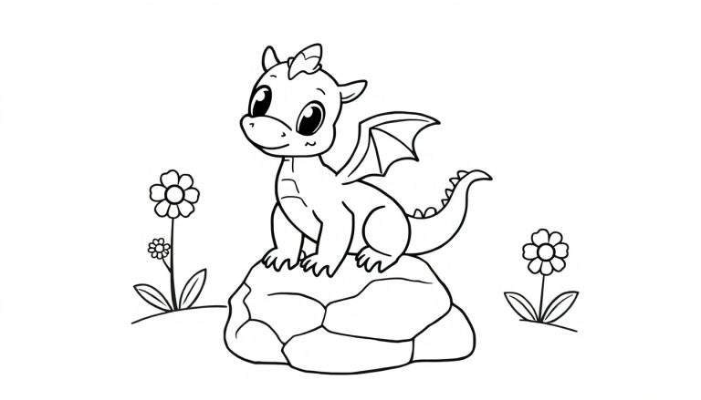 Placa de color de un dragón bebé amigable.