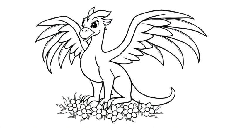 Una placa de color de un pequeño dragón lindo sentado entre flores.