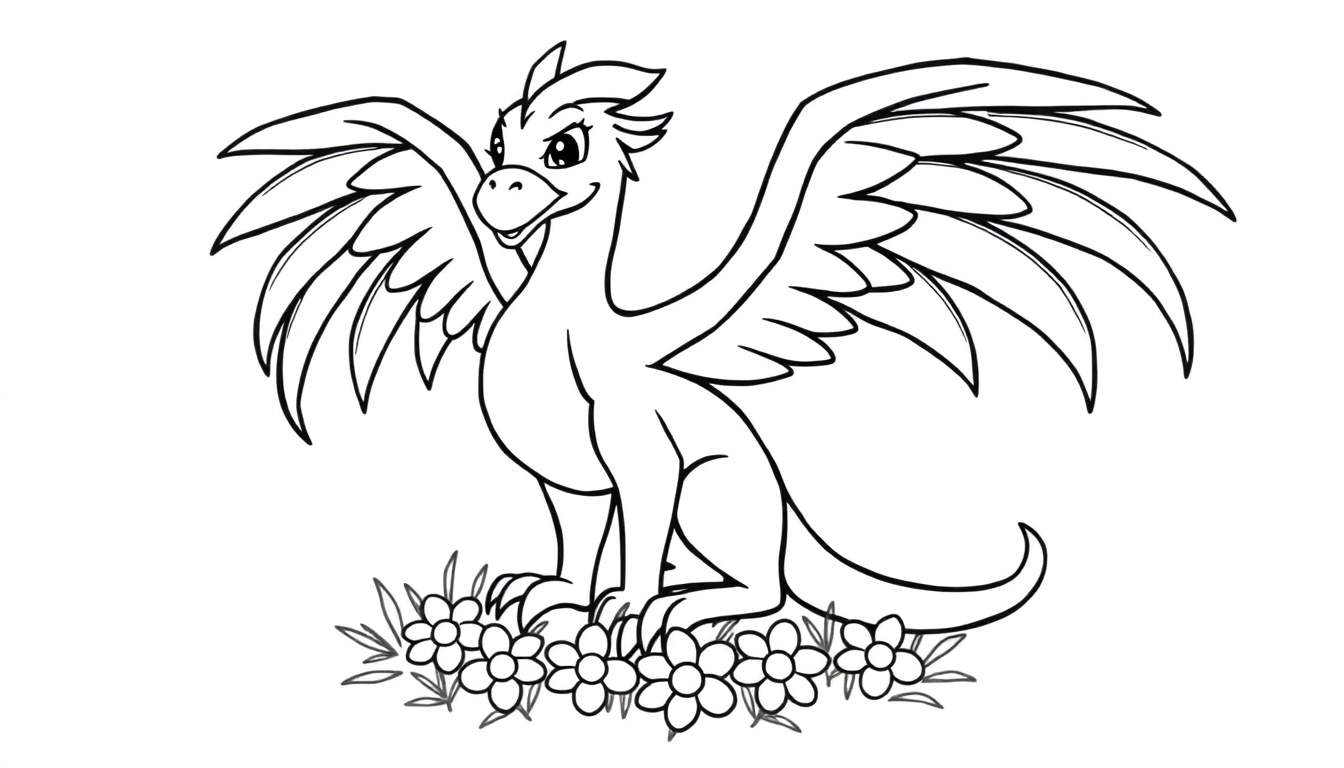 Una placa de color de un pequeño dragón lindo sentado entre flores.