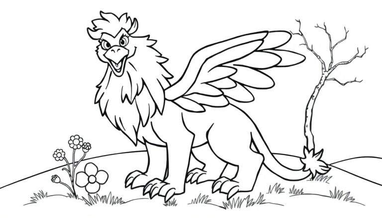 Placa de color para colorear de un grifo amigable con cuerpo de león y cabeza de águila, en un prado con flores y un árbol al fondo.