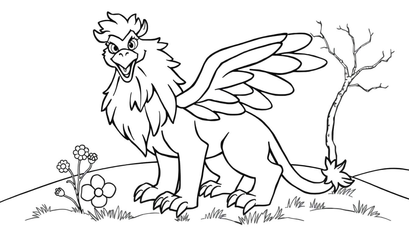 Placa de color para colorear de un grifo amigable con cuerpo de león y cabeza de águila, en un prado con flores y un árbol al fondo.