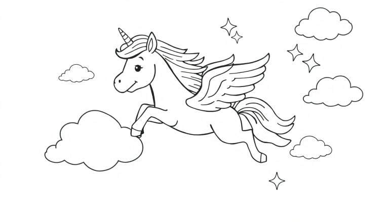 Placa de color: un dibujo lineal simple de un pegaso unicornio volando feliz entre nubes y estrellas.