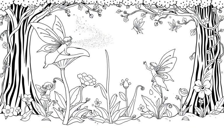 Placa de color: un dibujo lineal de hadas y flores mágicas.