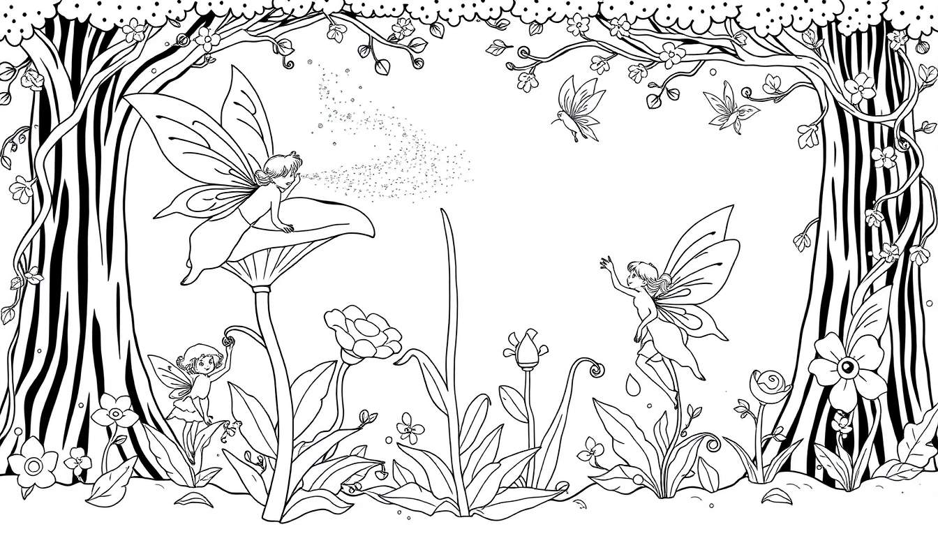 Placa de color: un dibujo lineal de hadas y flores mágicas.