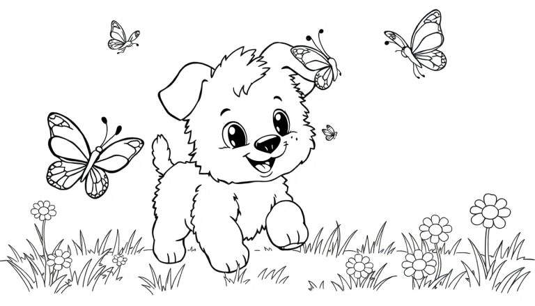 Placa de color para colorear de un cachorro juguetón con mariposas en un campo de flores.