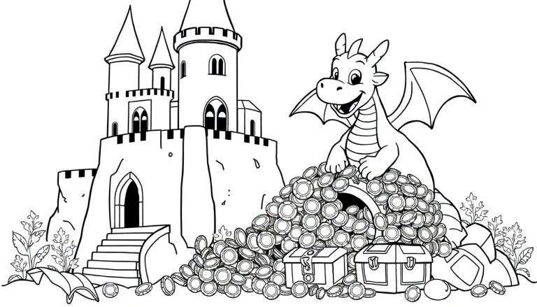 Placa de color: un dragón sonriente custodiando un tesoro de oro frente a un castillo.