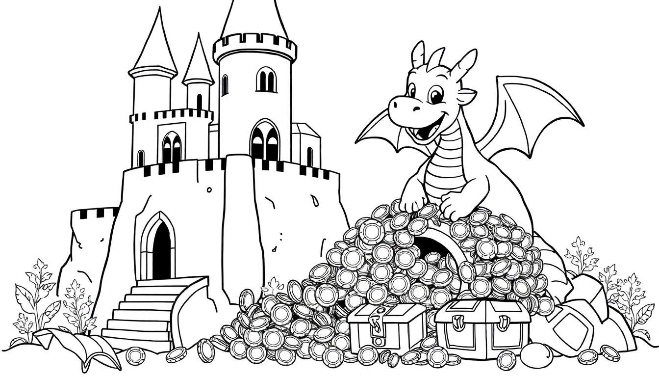 Placa de color: un dragón sonriente custodiando un tesoro de oro frente a un castillo.