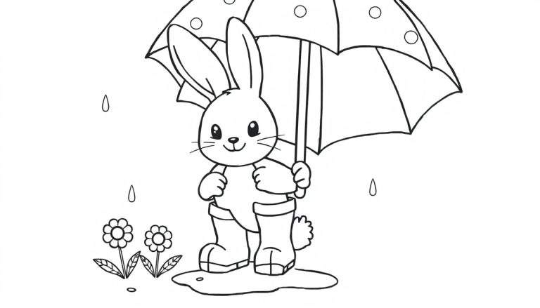 Placa de color: un conejito sonriente con botas de lluvia y paraguas.