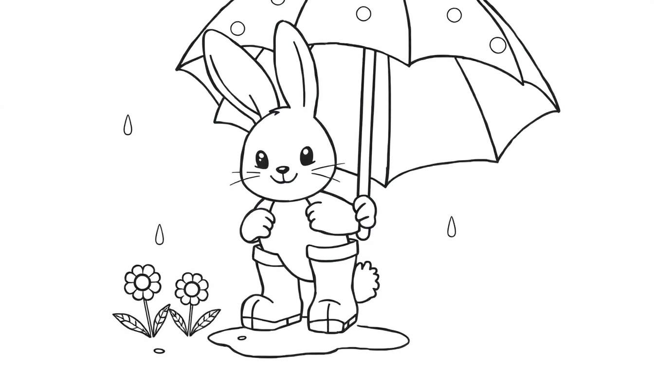 Placa de color: un conejito sonriente con botas de lluvia y paraguas.