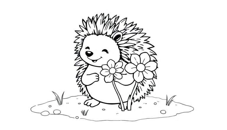 Placa de color: Un dibujo en blanco y negro de un erizo sonriente sosteniendo dos flores.