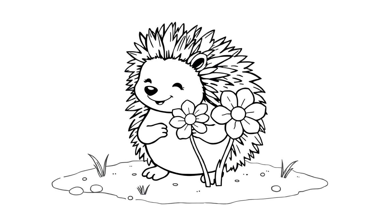 Placa de color: Un dibujo en blanco y negro de un erizo sonriente sosteniendo dos flores.