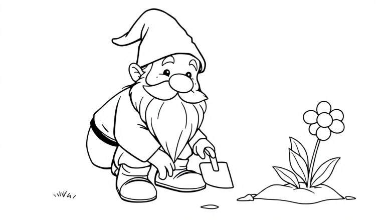 Gnomo de jardín con gorro puntiagudo y barba plantando una flor, listo para colorear en una placa de color.