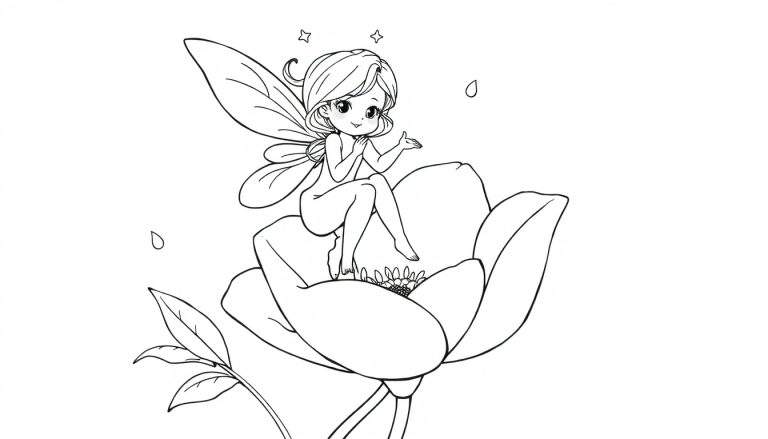 Placa de color: Hada sentada en una flor con estrellas.