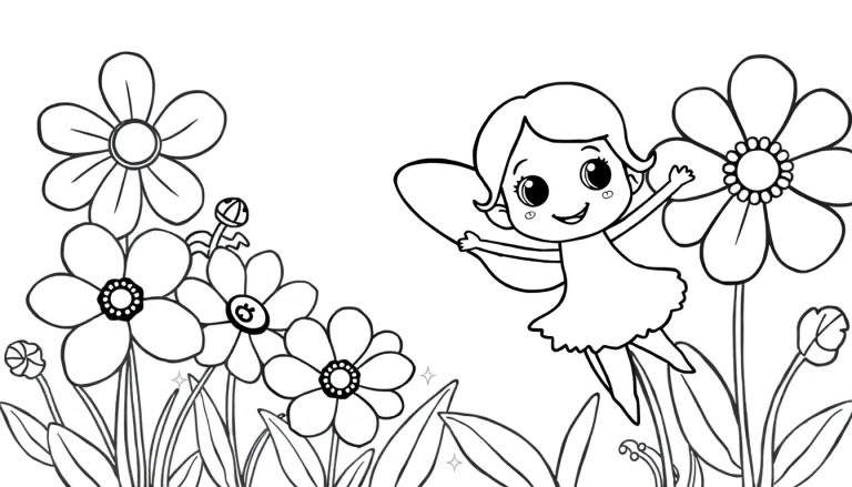 Placa de color para niños de un hada caricaturesca volando con alas extendidas junto a una flor grande, rodeada de hierba y flores variadas.
