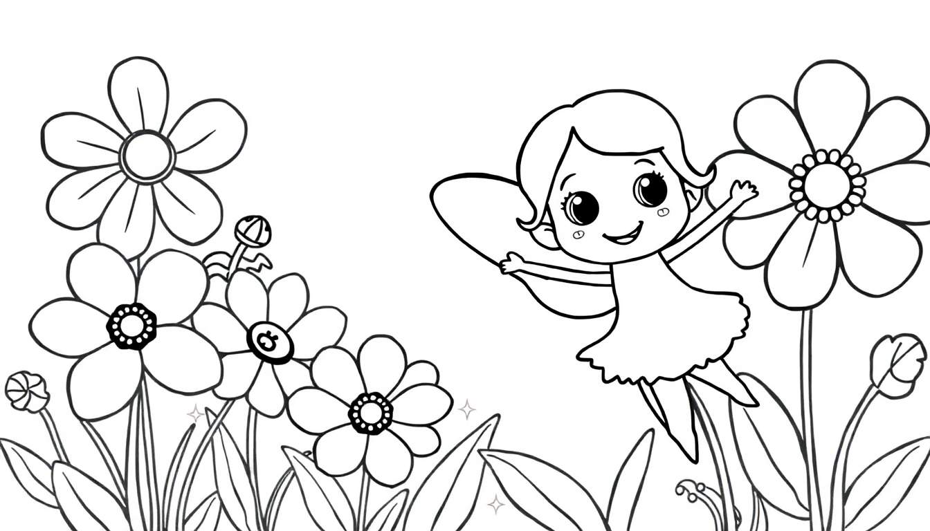 Placa de color para niños de un hada caricaturesca volando con alas extendidas junto a una flor grande, rodeada de hierba y flores variadas.
