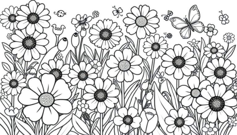 Un jardín con margaritas, hojas y una mariposa en blanco y negro, una placa de color para pintar.