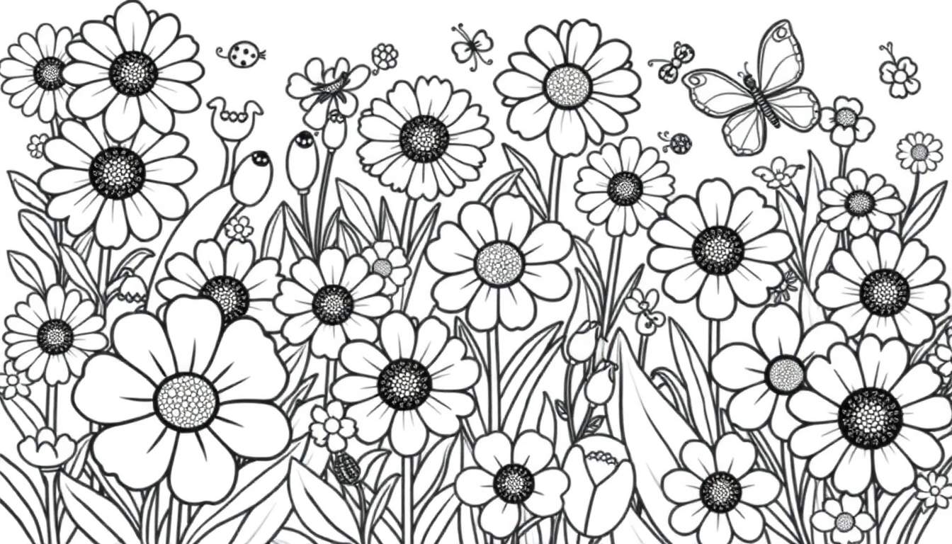 Un jardín con margaritas, hojas y una mariposa en blanco y negro, una placa de color para pintar.