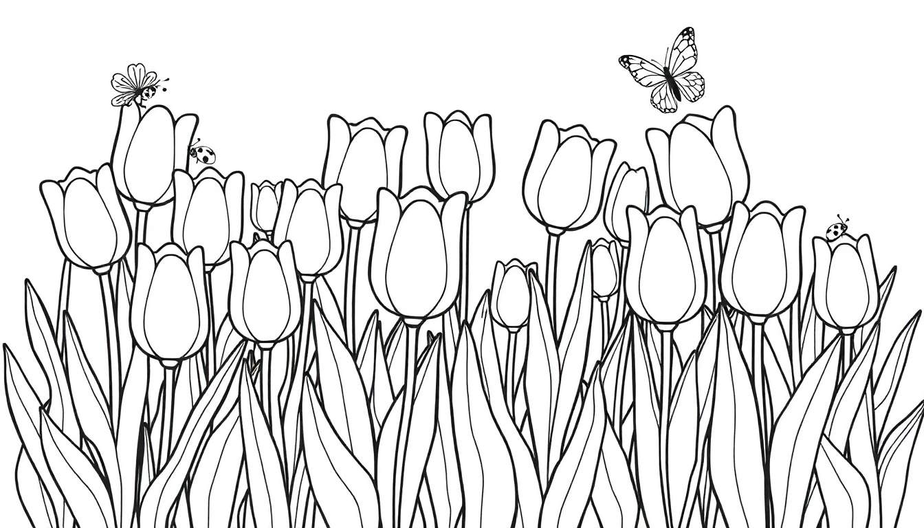 Una página para colorear de tulipanes delineados en blanco y negro con insectos y una mariposa.