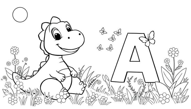 Placa de color: un dinosaurio amigable y la letra A en un jardín con mariposas y flores.