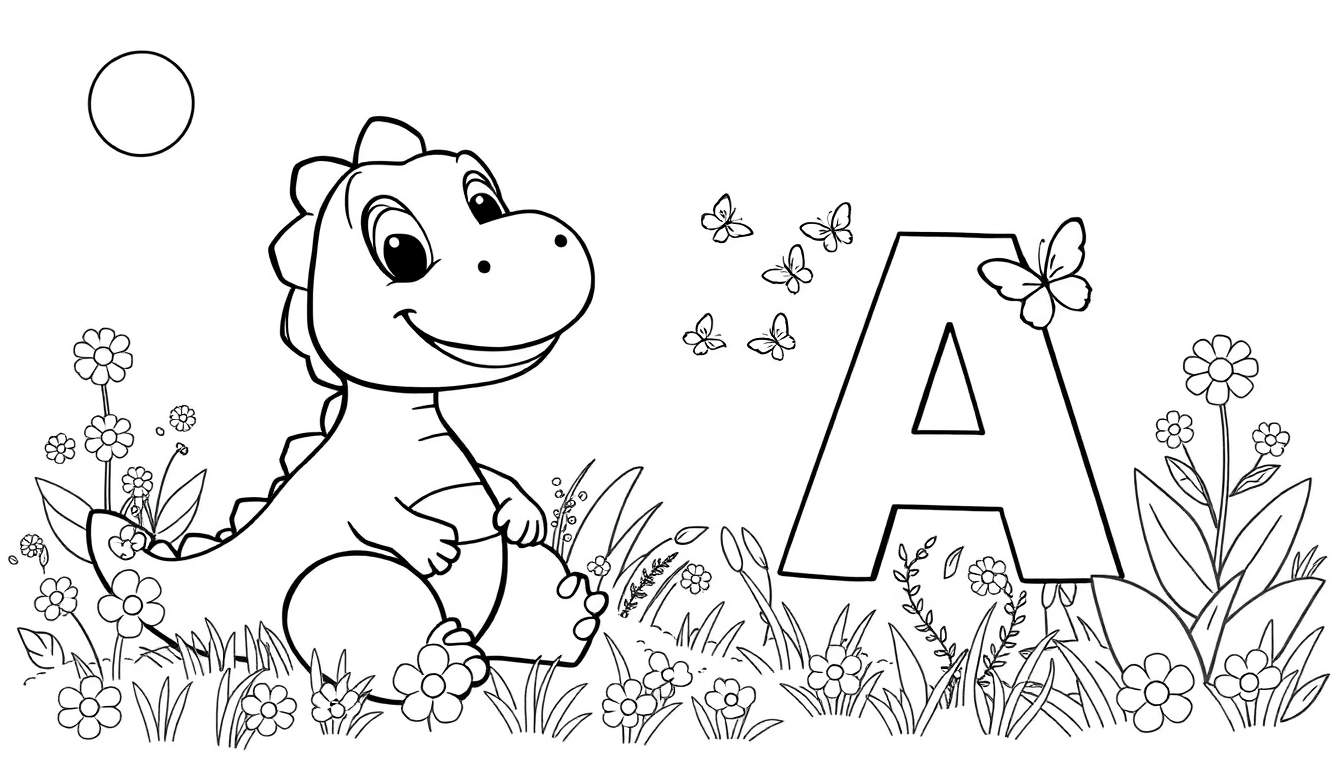 Placa de color: un dinosaurio amigable y la letra A en un jardín con mariposas y flores.