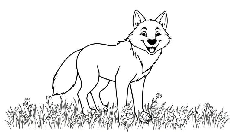 Un dibujo de un lobo sonriente en un campo de flores, listo para ser coloreado.