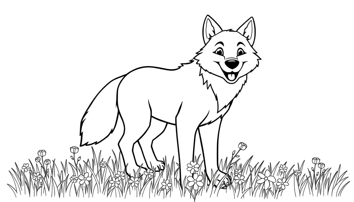 Un dibujo de un lobo sonriente en un campo de flores, listo para ser coloreado.