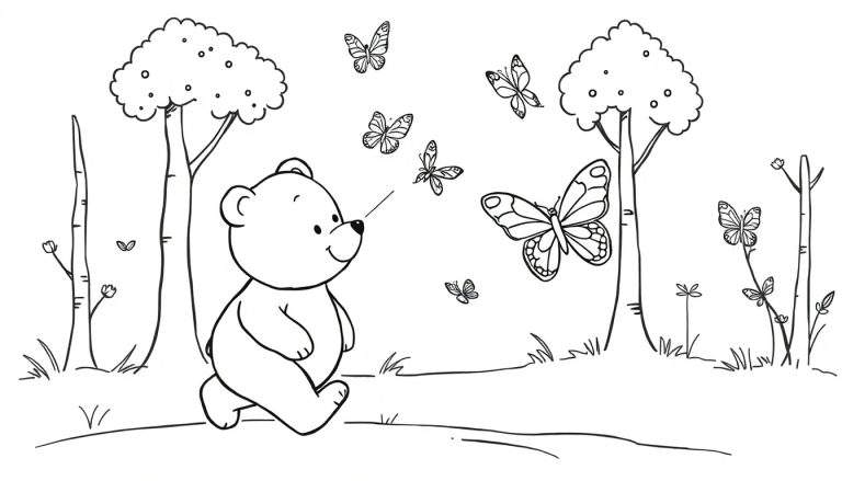 Placa de color de un oso de dibujos animados mirando mariposas en un bosque.