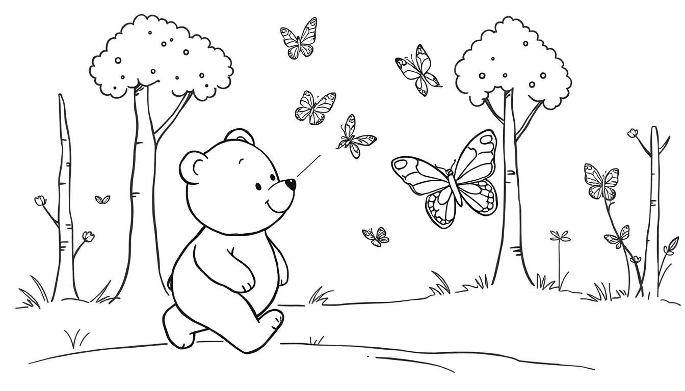 Placa de color de un oso de dibujos animados mirando mariposas en un bosque.