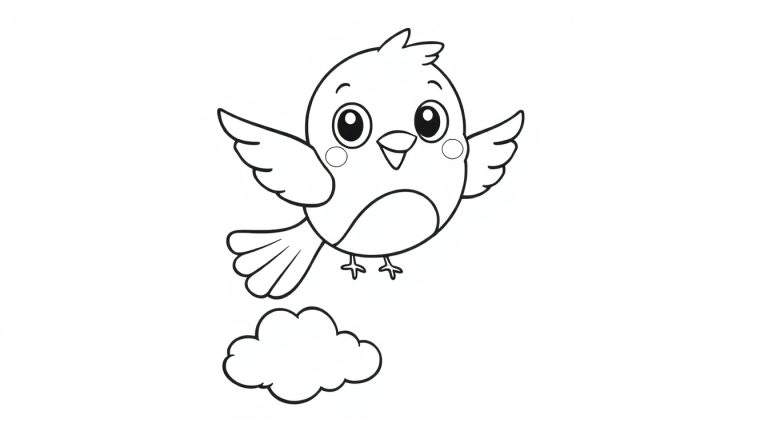 Un pajarito de dibujos animados sonriente y ruborizado, listo para colorear en su placa de color.